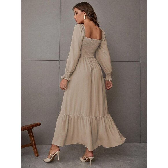 Women's Casual Maxi Dress Square Neck Long Sleeve Ruffle Shirred Flowing - Picture 2 of 7